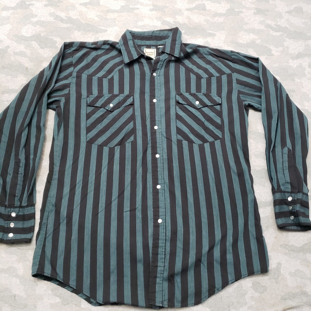 Western Plains Shirt Mens XL Green Pockets Pearl Snap Long Sleeve Stripped Rodeo